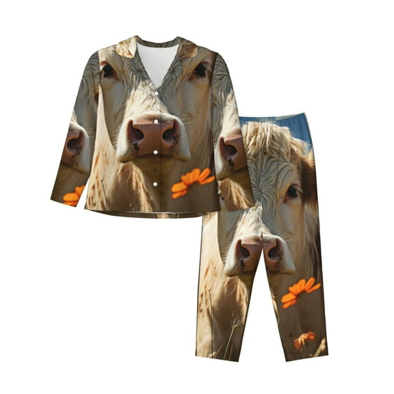 KLL Daisy Meadow Cow Print Women's Long Sleeve Pajamas with Pants Sleepwear Loungewear 2 Set-Small