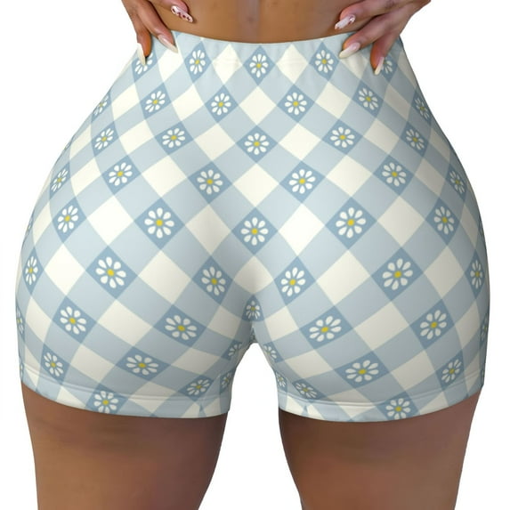 KLL Daisy Plaid Blue Pattern Workout Shorts for Women Scrunch Short Gym Yoga Running Sport Active Exercise Fitness Shorts