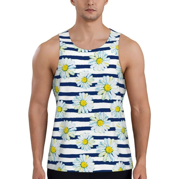 KLL Daisy Striped Nautical Print Men's Muscle Gym Workout Stringer Tank Tops Bodybuilding Fitness T-Shirts Tank Tops Men-3X-Large