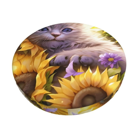 KLL Daisy Sunflower Lazy Cat Round Bar Chair Cushion Cover 14 inch ,Bar Stool Protector with Elastic, Soft Washable