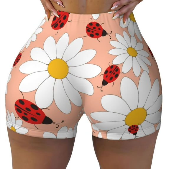 KLL Daisy and Ladybug Pattern Workout Shorts for Women Scrunch Short Gym Yoga Running Sport Active Exercise Fitness Shorts
