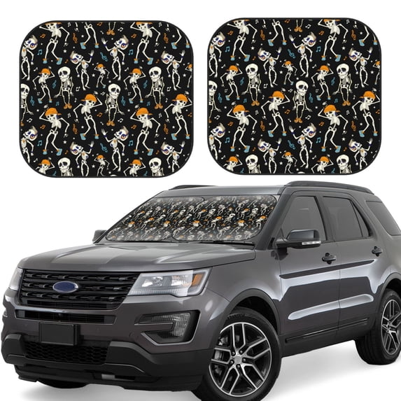 KLL Dancing Skeleton Party Windshield Sun Shade 2-Piece Foldable Car Front Window Sunshade for Most Sedans SUV Truck- Large
