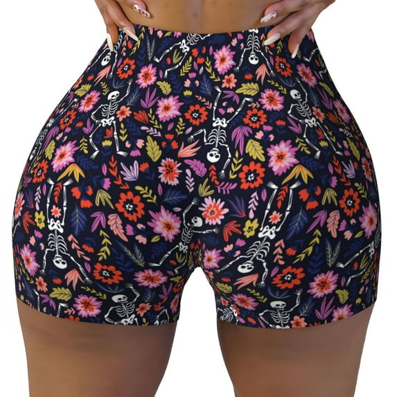 KLL Dancing Skeletons Floral Garden Pattern Workout Shorts for Women Scrunch Short Gym Yoga Running Sport Active Exercise Fitness Shorts