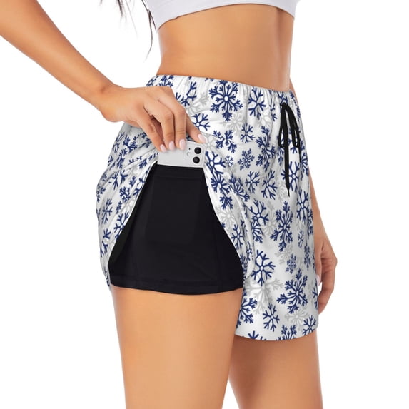 KLL Dark Blue Snowflakes Pattern Shorts Women,Athletic Shorts High Waisted Running Shorts Pocket Sporty Short Gym Elastic Workout Shorts-Medium