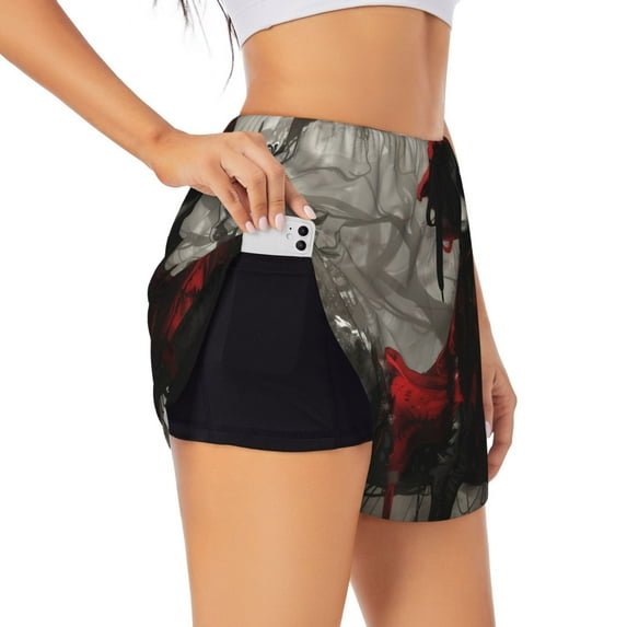 KLL Dark Red Hooded Girl Pattern Shorts Women,Athletic Shorts High Waisted Running Shorts Pocket Sporty Short Gym Elastic Workout Shorts-Large