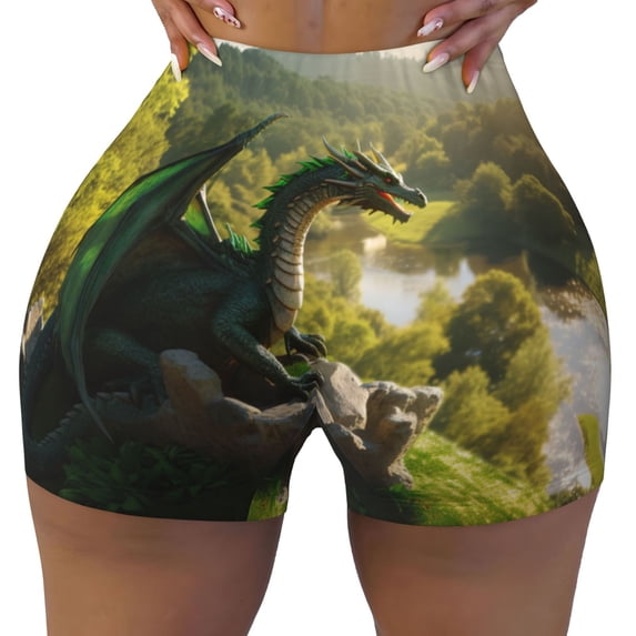 KLL Deep Forest Stone Green Dragon Pattern Workout Shorts for Women Scrunch Short Gym Yoga Running Sport Active Exercise Fitness Shorts
