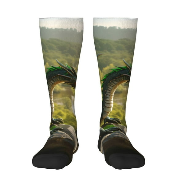KLL Deep Forest Stone Green Dragon Print Cool Socks Men's Women's Crew Socks Funny Crazy Novelty Stockings