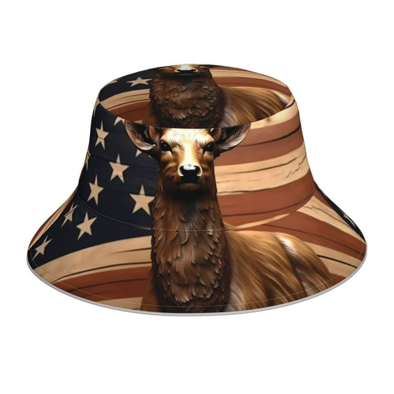 KLL Deer American Flag Vintage Bucket Hat for Women Men Packable Travel Beach Sun Hat Outdoor Rave Accessories Reflective Fisherman Cap
