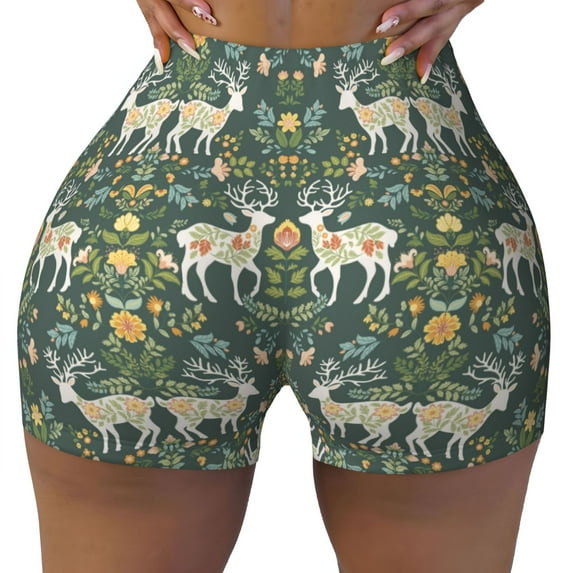 KLL Deer And Flowers Pattern Workout Shorts for Women Scrunch Short Gym Yoga Running Sport Active Exercise Fitness Shorts