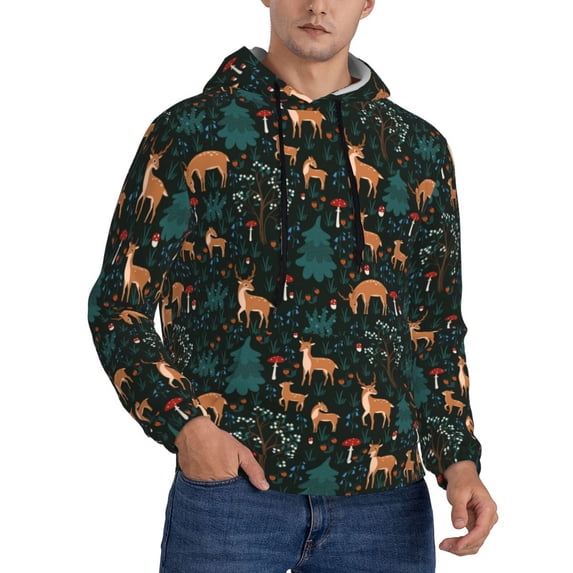 KLL Deers In The Forest Print Mens Hoodie Long Sleeve Casual Pullover Hooded Sweatshirt Fashion Drawstring Hoodies with Pocket-Medium