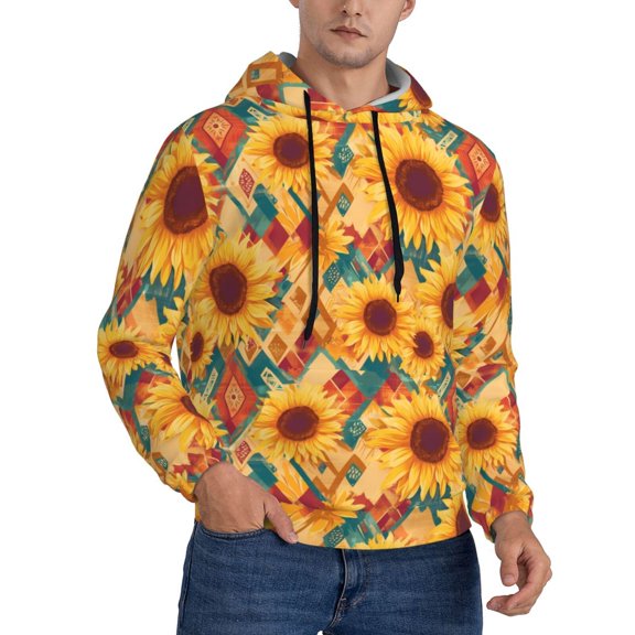 KLL Diamond Bohemian Sunflower Print Mens Hoodie Long Sleeve Casual Pullover Hooded Sweatshirt Fashion Drawstring Hoodies with Pocket-4X-Large