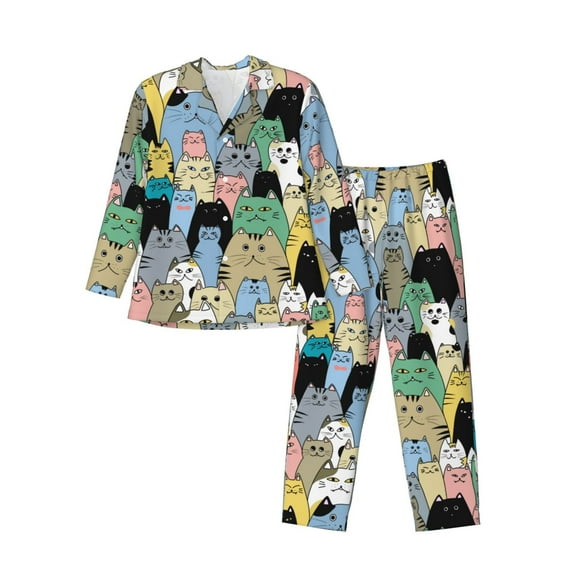 KLL Different Cats Sleepwear Mens Flannel Pajamas,Long Cotton Pj Set