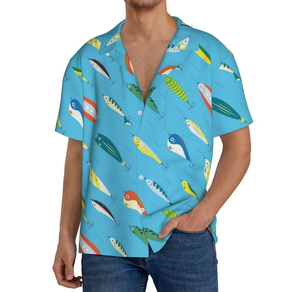 KLL Different Color Fishing Bait Print Men's Shirt Short Sleeve Button Down Summer Cuba Beach Shirts- XX-Large