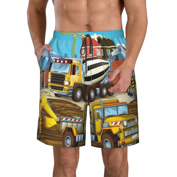 KLL Different Construction Site Vehicles Men's Casual Summer Beach Shorts Hawaiian Shorts with Pockets-X-Large