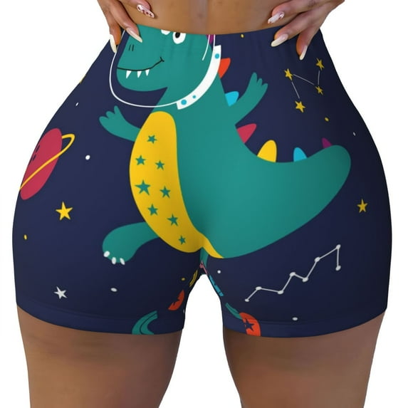 KLL Dinosau Space Explorer Pattern Workout Shorts for Women Scrunch Short Gym Yoga Running Sport Active Exercise Fitness Shorts