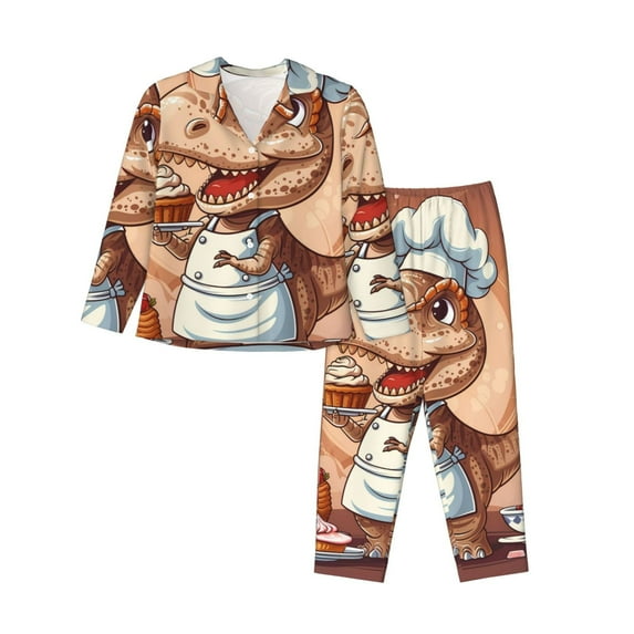 KLL Dinosaur Baking Delight Print Women's Long Sleeve Pajamas with Pants Sleepwear Loungewear 2 Set-Small