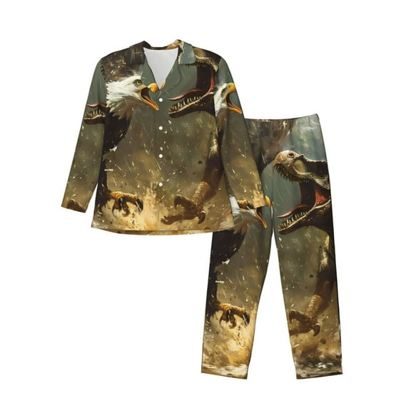 KLL Dinosaur Bald Eagle Sleepwear Mens Flannel Pajamas,Long Cotton Pj Set