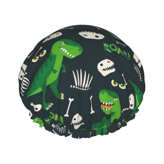 KLL Dinosaur and Bone Pattern Shower Cap & Bath Cap for Women,Reversible Oversized Waterproof Shower Caps for all Hair Lengths,Elastic Reusable Bathing Hair Cap