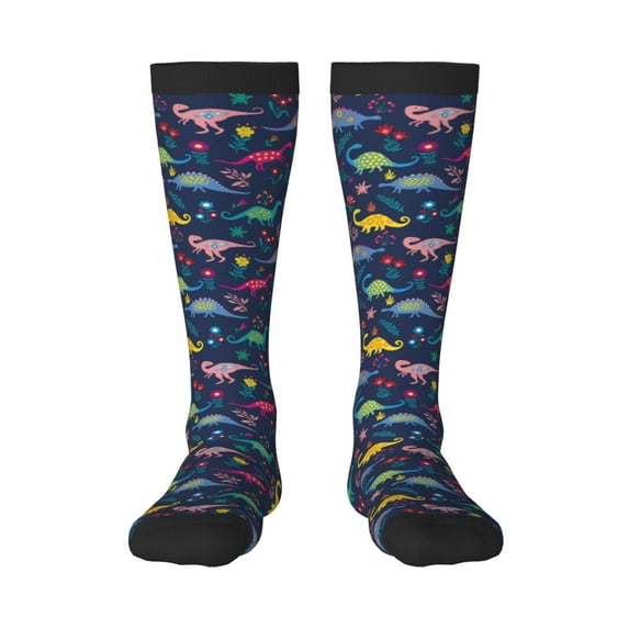 KLL Dinosaur Flowers Print Cool Socks Men's Women's Crew Socks Funny Crazy Novelty Stockings