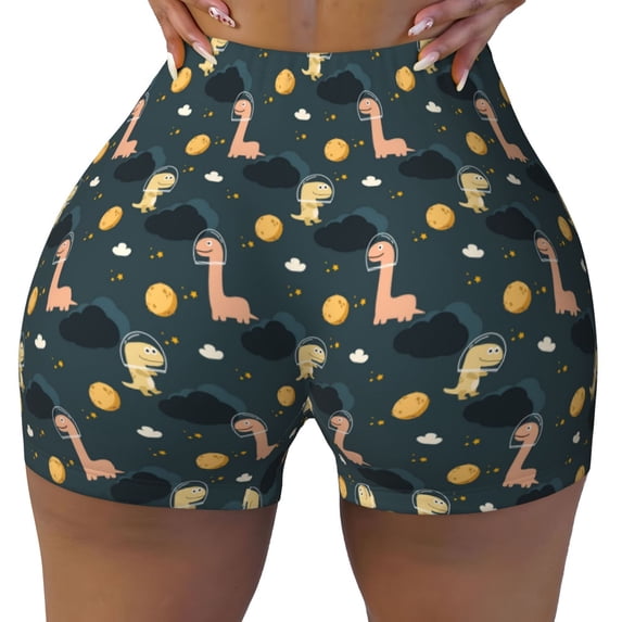 KLL Dinosaur In The Space Pattern Workout Shorts for Women Scrunch Short Gym Yoga Running Sport Active Exercise Fitness Shorts