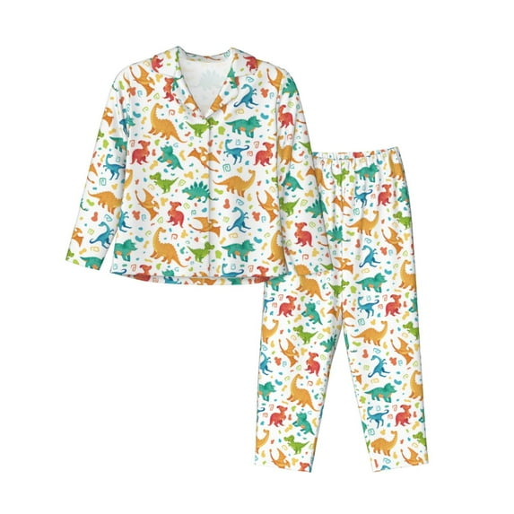 KLL Dinosaur Print Women's Long Sleeve Pajamas with Pants Sleepwear Loungewear 2 Set-X-Large