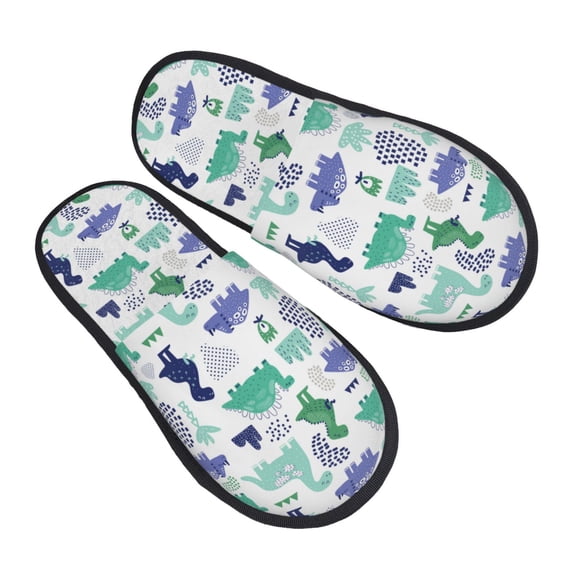 KLL Dinosaur Slippers for Women Men House Slip on Indoor Outdoor Bedroom Furry Fleece Lined Ladies Comfy Anti-Skid Rubber Hard Sole-Large