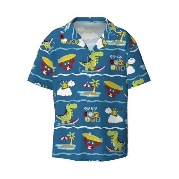 KLL Dinosaur on the Beach Vacation Print Men's Shirt Short Sleeve Button Down Summer Cuba Beach Shirts- X-Large
