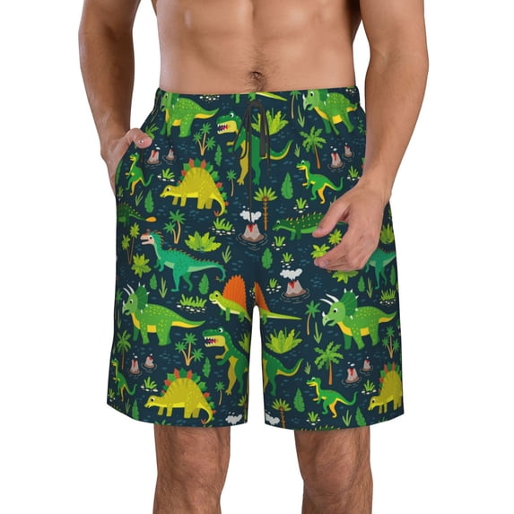 KLL Dinosaurs and Tropical Leaves and Flowers Men's Casual Summer Beach Shorts Hawaiian Shorts with Pockets-XX-Large