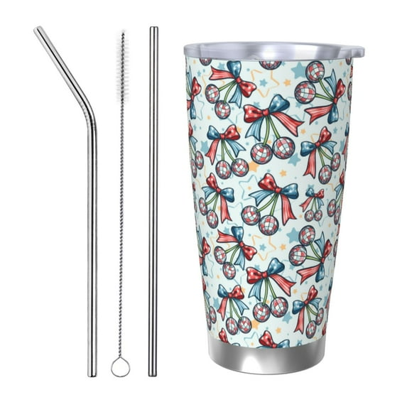 KLL Disco Ball Cherry With Bow Print 40oz Stainless Steel Insulated Car Cup with Spillproof Lid - Keep Your Drink Hot or Cold on the Go-Straw Three-piece Set
