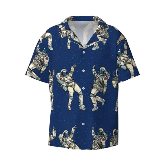 KLL Disco party Astronaut Dancing Print Men's Shirt Short Sleeve Button Down Summer Cuba Beach Shirts- Large