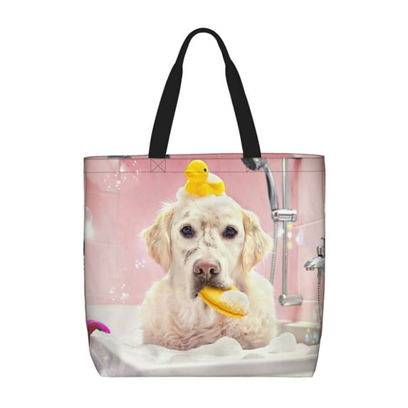 KLL Dog Sitting In Bathtub With Duck On Head Pattern Aesthetic Tote Bag for Women Beach Bag Shopping Bags Shoulder Bag Reusable Grocery Bags