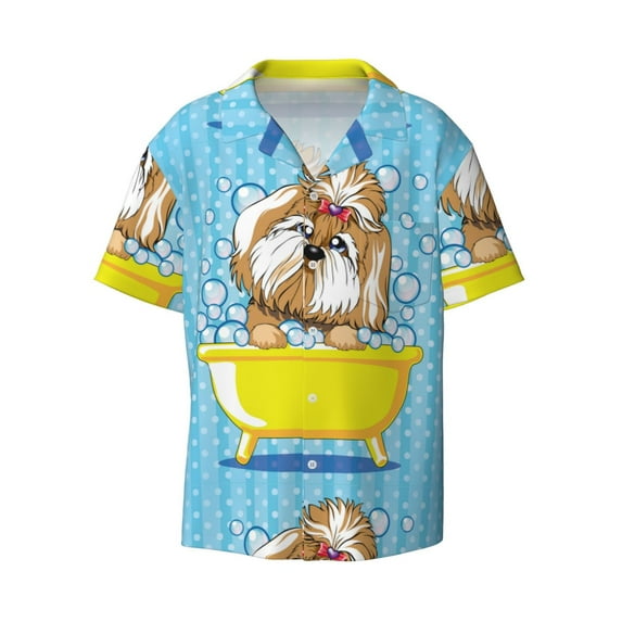KLL Dog Takes a Bath in the Bathtub Print Men's Shirt Short Sleeve Button Down Summer Cuba Beach Shirts- X-Large