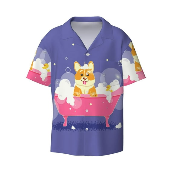 KLL Dog Washes in a Pink Bath Print Men's Shirt Short Sleeve Button Down Summer Cuba Beach Shirts- Large