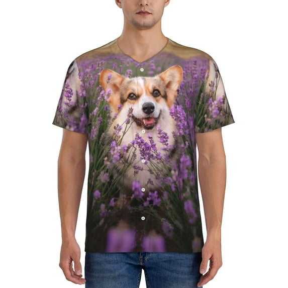 KLL Dog in Lavender Flowers for Men's Baseball Shirts,Short Sleeve Casual Shirts Button Down Shirt for Men Beach Summer Wedding Shirt-Small