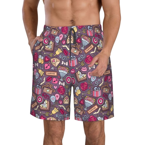 KLL Doodles Wedding Men's Casual Summer Beach Shorts Hawaiian Shorts with Pockets-XX-Large