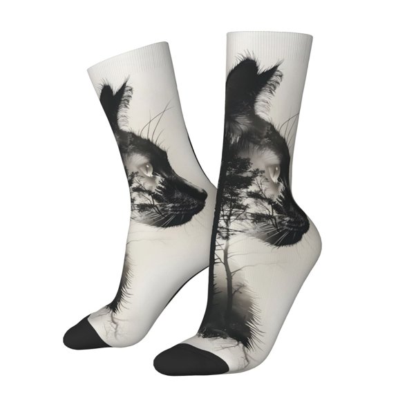 KLL Double Exposure Cat Forest Print Cool Socks Men's Women's Crew Socks Funny Crazy Novelty Stockings