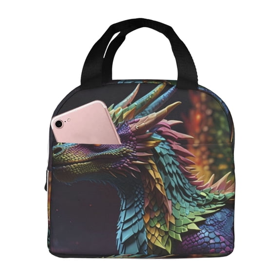 KLL Dragon with Colorful Tail Print Insulated Lunch Bag Women, Reusable Cute Tote Lunch Box for Adult & Men, Leakproof Cooler Lunch Bags for Work Office Travel Picnic