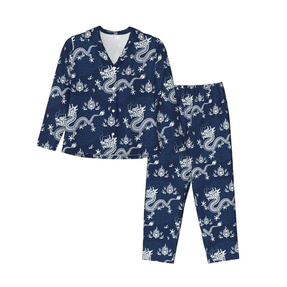 KLL Dragon Print Women's Long Sleeve Pajamas with Pants Sleepwear Loungewear 2 Set-Small