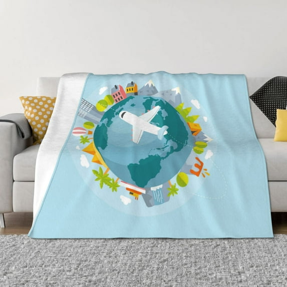 KLL Dreaming Travel Print Fleece Throw Blanket, Horizontal Fleece Bedding Cute Soft Blankets Comfy Fleece Flannel Plush Home Decor for Couch & Bed -50"x40"