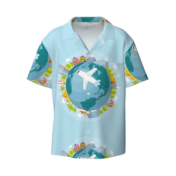KLL Dreaming Travel Print Men's Shirt Short Sleeve Button Down Summer Cuba Beach Shirts- Large