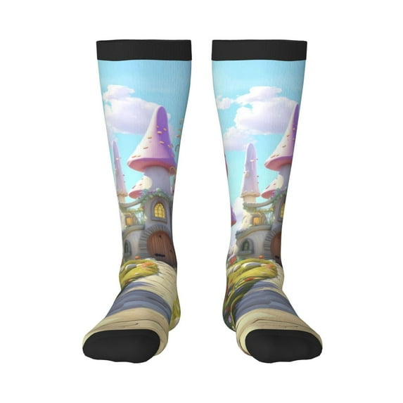 KLL Dreamy Mushroom House Print Cool Socks Men's Women's Crew Socks Funny Crazy Novelty Stockings