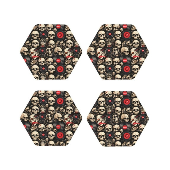 KLL Drink Coasters Set Hexagon of 4,PU Leather Absorbent Coasters Set Decorative Coffee Cup Coasters Housewarming Gift for Home Decor-rock record Skull