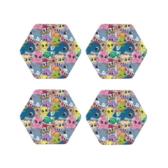 KLL Drink Coasters Set Hexagon of 4,PU Leather Absorbent Coasters Set Decorative Coffee Cup Coasters Housewarming Gift for Home Decor-Cartoon Marine Animals