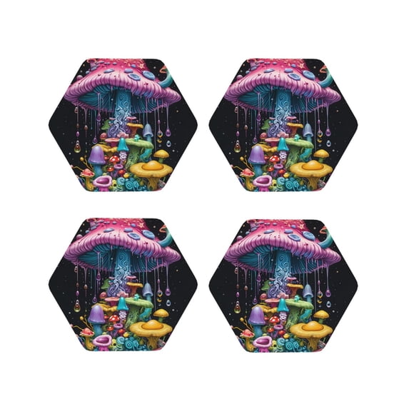 KLL Drink Coasters Set Hexagon of 4,PU Leather Absorbent Coasters Set Decorative Coffee Cup Coasters Housewarming Gift for Home Decor-Colorful Mushroom