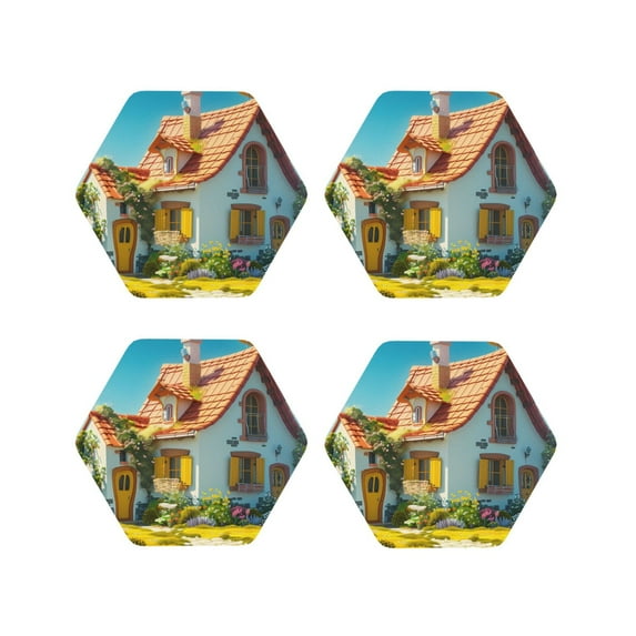 KLL Drink Coasters Set Hexagon of 4,PU Leather Absorbent Coasters Set Decorative Coffee Cup Coasters Housewarming Gift for Home Decor-Cozy Cartoon Backyard