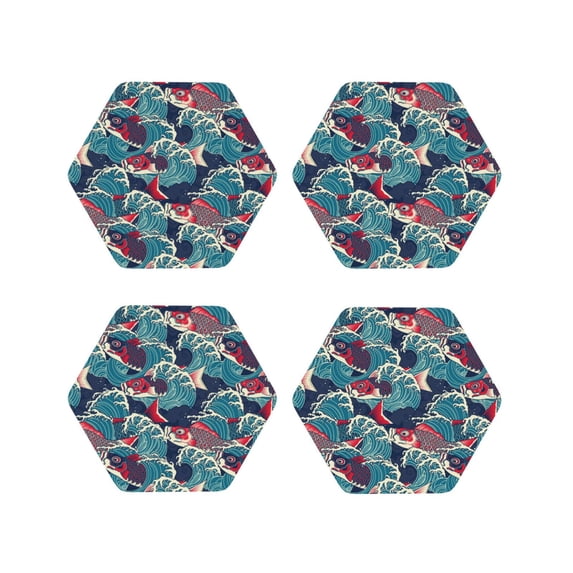 KLL Drink Coasters Set Hexagon of 4,PU Leather Absorbent Coasters Set Decorative Coffee Cup Coasters Housewarming Gift for Home Decor-Fish In The Wave