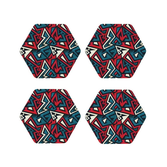 KLL Drink Coasters Set Hexagon of 4,PU Leather Absorbent Coasters Set Decorative Coffee Cup Coasters Housewarming Gift for Home Decor-Geometric Elements