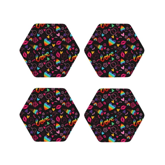 KLL Drink Coasters Set Hexagon of 4,PU Leather Absorbent Coasters Set Decorative Coffee Cup Coasters Housewarming Gift for Home Decor-Lgbt Rainbow For Pride