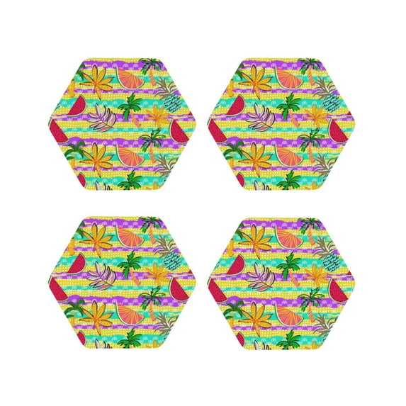 KLL Drink Coasters Set Hexagon of 4,PU Leather Absorbent Coasters Set Decorative Coffee Cup Coasters Housewarming Gift for Home Decor-Multicolored Tropical