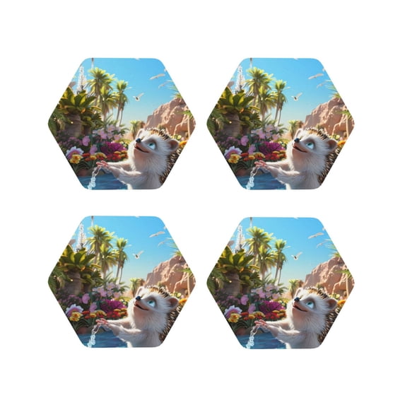 KLL Drink Coasters Set Hexagon of 4,PU Leather Absorbent Coasters Set Decorative Coffee Cup Coasters Housewarming Gift for Home Decor-Playful Hedgehog Forest Pond